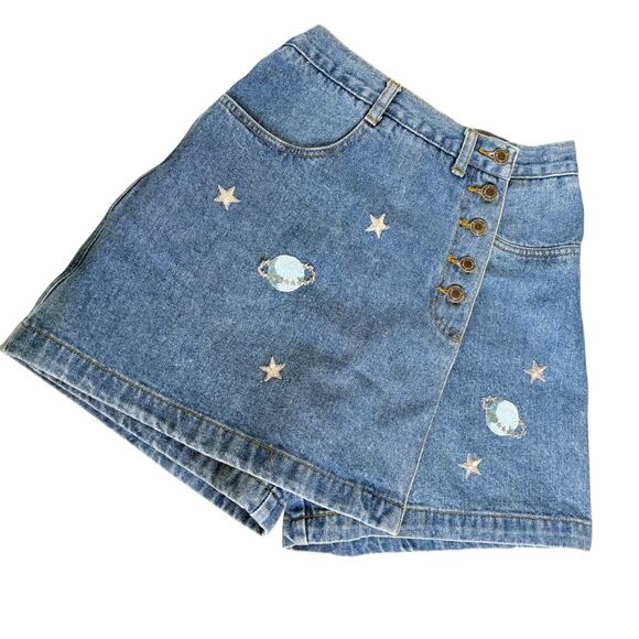 Chazz Pants - VTG 90’s Chazz Denim Skort 9 Planet Star Embroidered High Waist Patch Skater